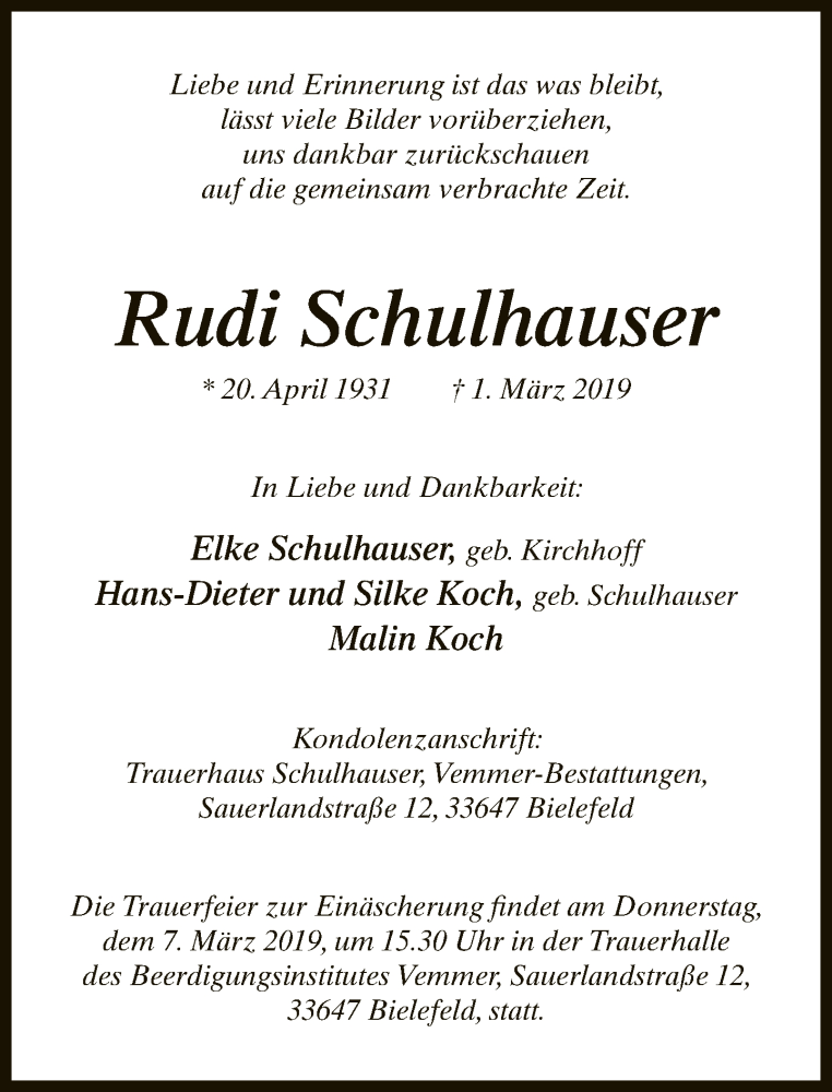  Traueranzeige für Rudi Schulhauser vom 05.03.2019 aus Neue Westfälische