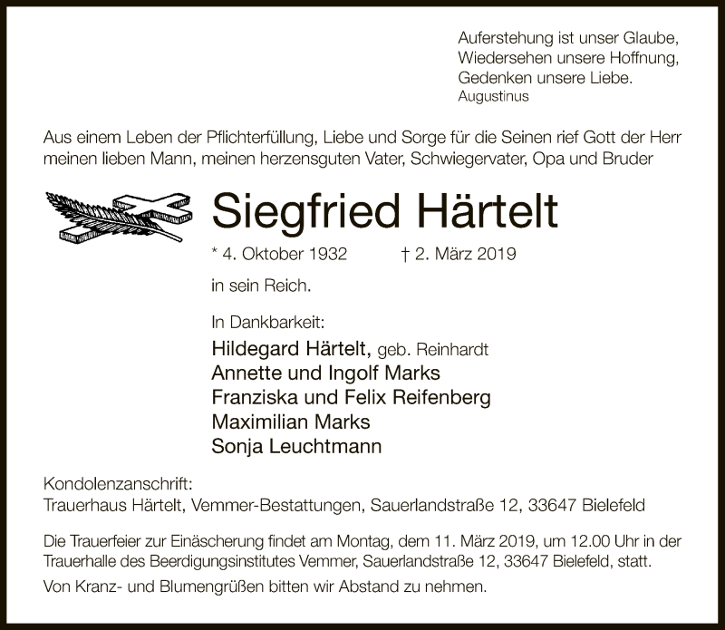 Traueranzeige für Siegfried Härtelt vom 09.03.2019 aus Neue Westfälische