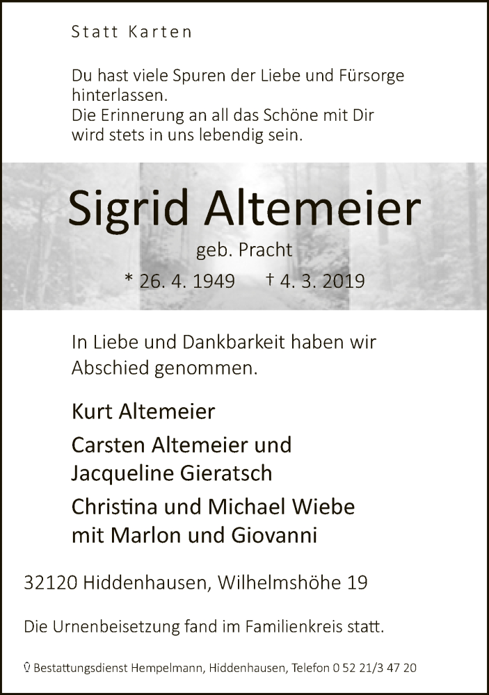  Traueranzeige für Sigrid Altemeier vom 16.03.2019 aus Neue Westfälische