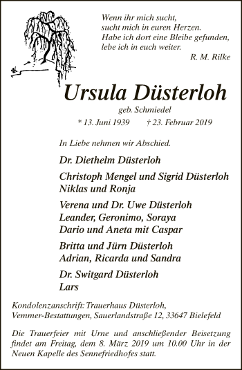 Traueranzeige von Ursula Düsterloh von Neue Westfälische