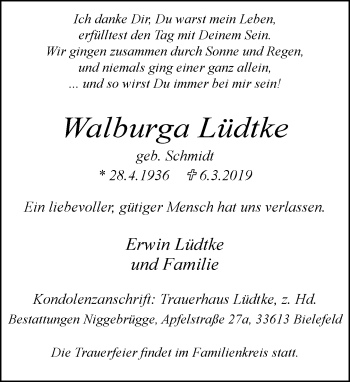 Traueranzeige von Walburga Lüdtke von Neue Westfälische