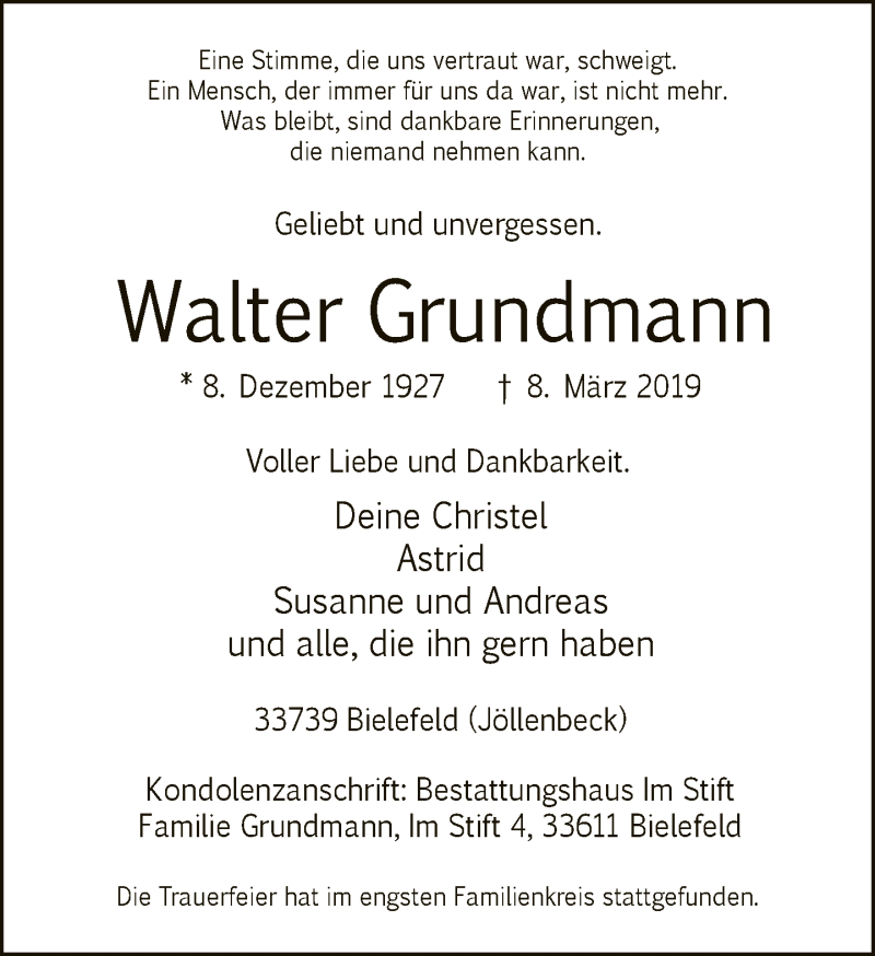  Traueranzeige für Walter Grundmann vom 16.03.2019 aus Neue Westfälische