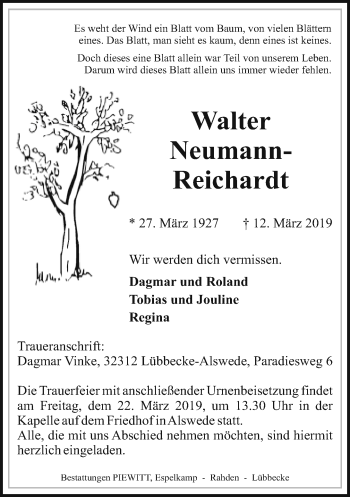 Traueranzeige von Walter Neumann-Reichardt von Neue Westfälische