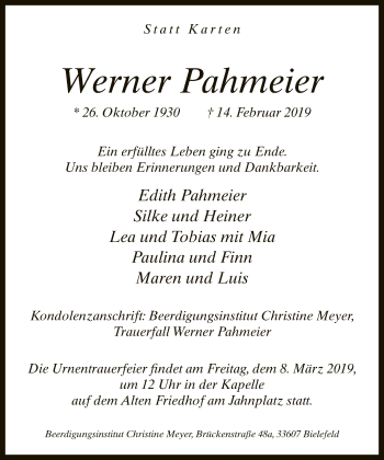 Traueranzeige von Werner Pahmeier von Neue Westfälische