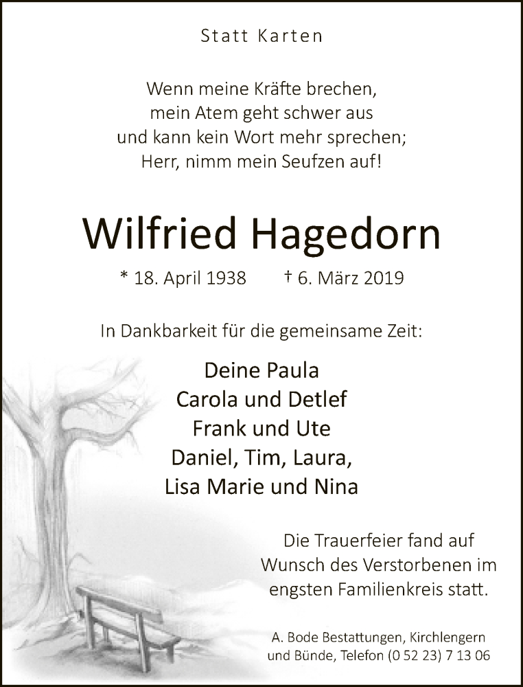  Traueranzeige für Wilfried Hagedorn vom 23.03.2019 aus Neue Westfälische