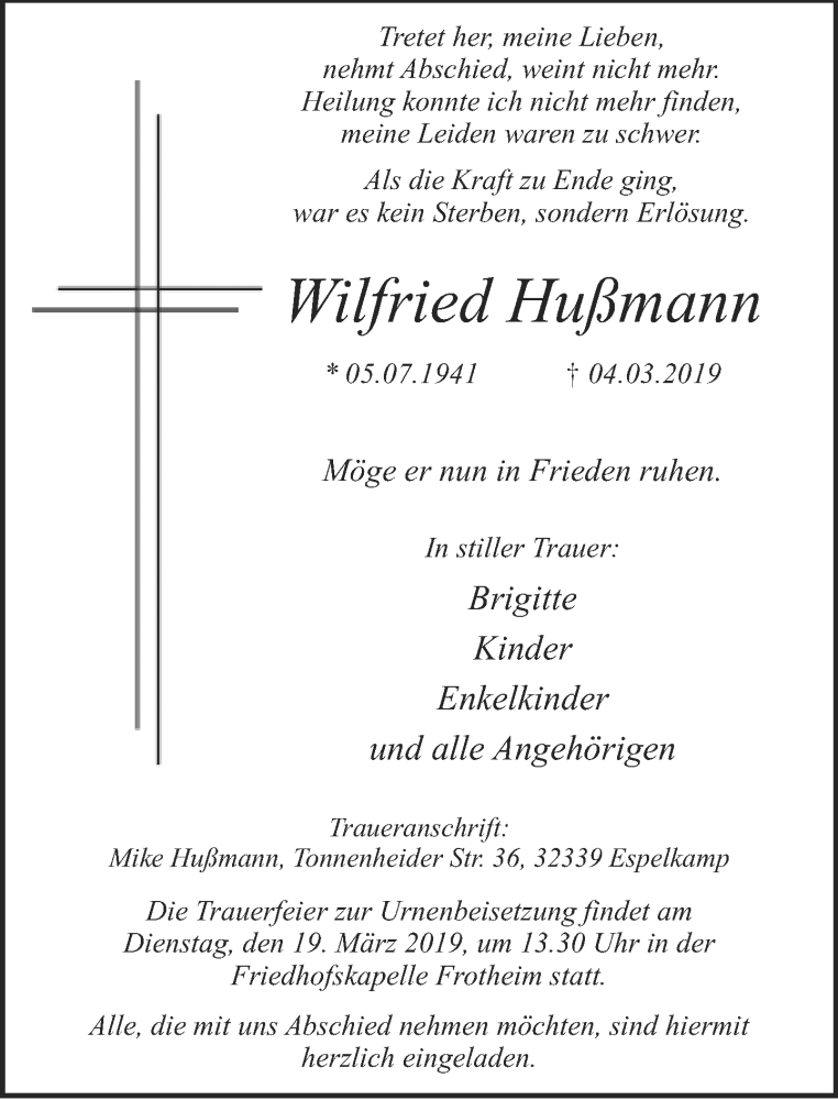  Traueranzeige für Wilfried Hußmann vom 12.03.2019 aus Neue Westfälische