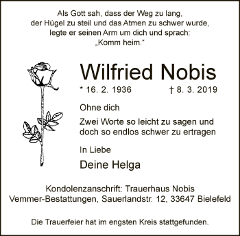 Traueranzeige von Wilfried Nobis von Neue Westfälische