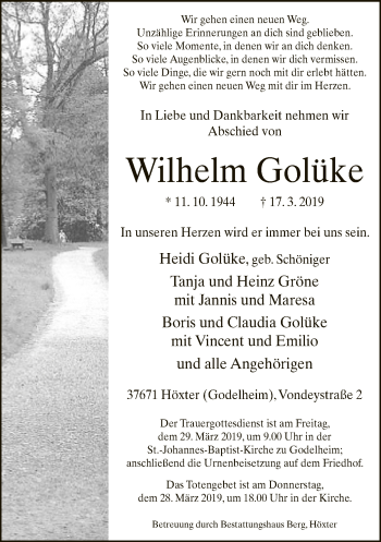 Traueranzeige von Wilhelm Golüke von Neue Westfälische