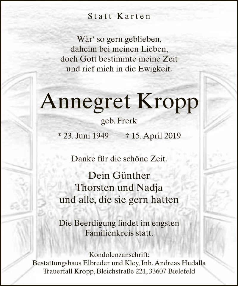  Traueranzeige für Annegret Kropp vom 19.04.2019 aus Neue Westfälische