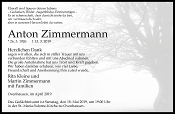 Traueranzeige von Anton Zimmermann von Neue Westfälische