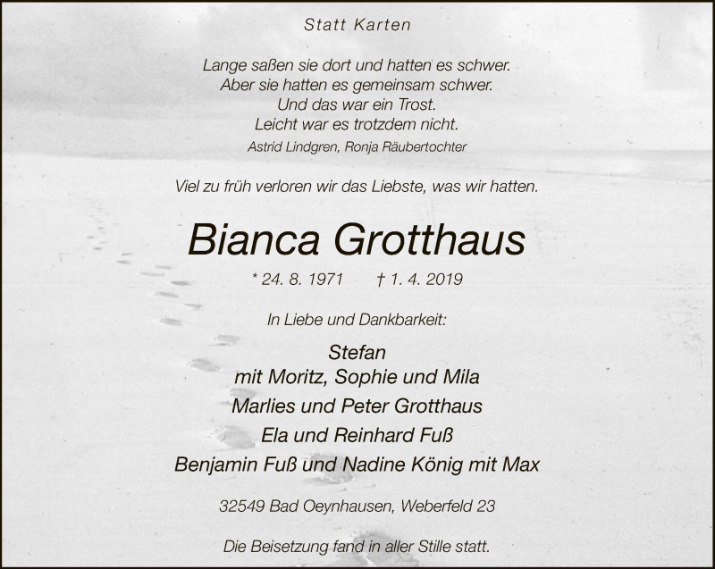  Traueranzeige für Bianca Grotthaus vom 06.04.2019 aus Neue Westfälische