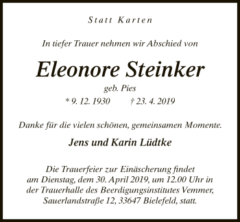 Traueranzeige von Eleonore Steinker von Neue Westfälische