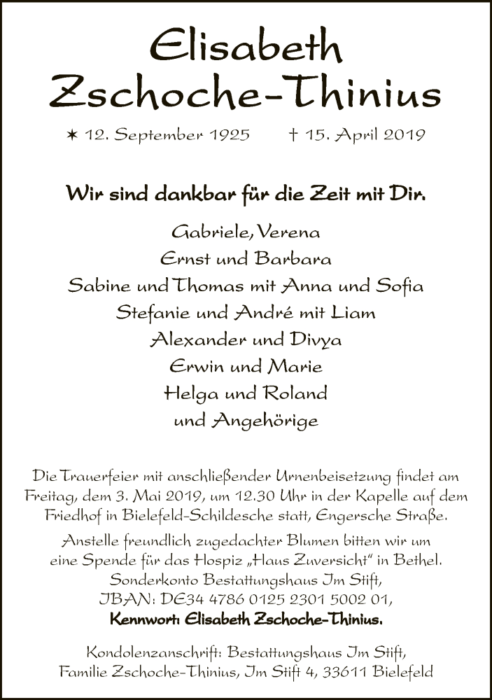  Traueranzeige für Elisabeth Zschoche-Thinius vom 27.04.2019 aus Neue Westfälische