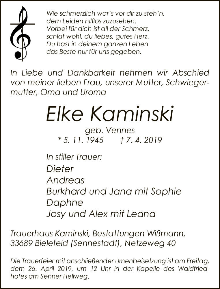  Traueranzeige für Elke Kaminski vom 13.04.2019 aus Neue Westfälische