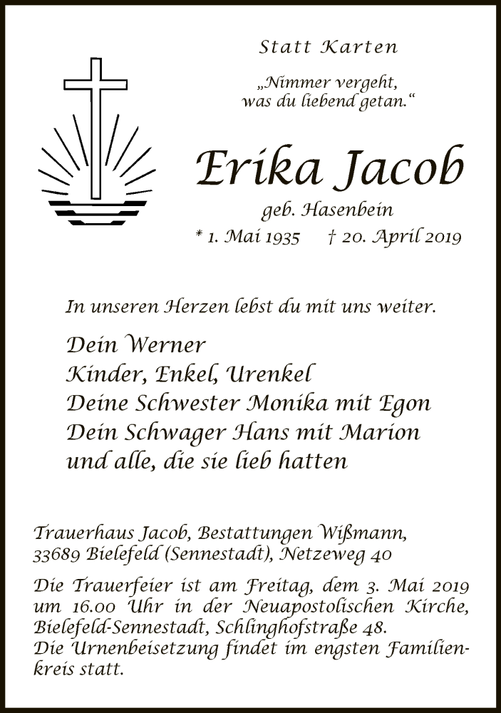 Traueranzeige für Erika Jacob vom 27.04.2019 aus Neue Westfälische