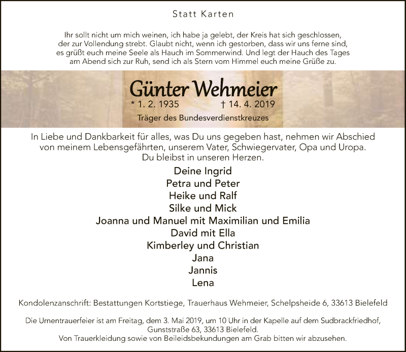  Traueranzeige für Günter Wehmeier vom 19.04.2019 aus Neue Westfälische