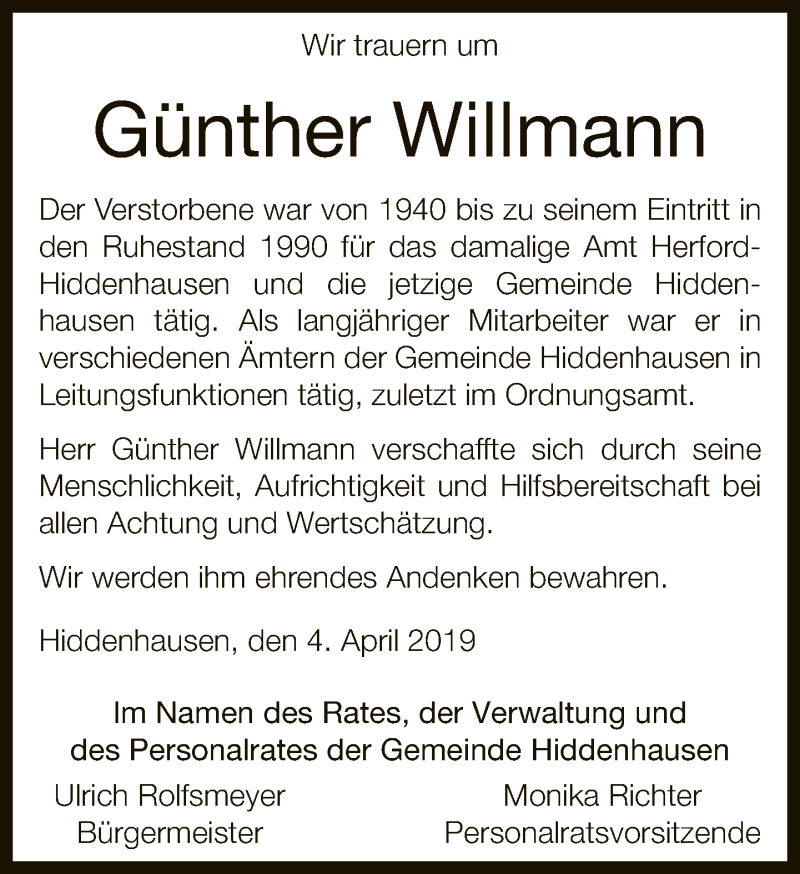  Traueranzeige für Günther Willmann vom 04.04.2019 aus Neue Westfälische