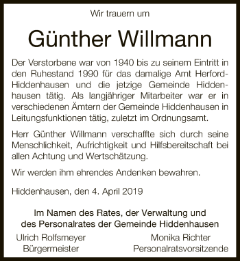 Traueranzeige von Günther Willmann von Neue Westfälische