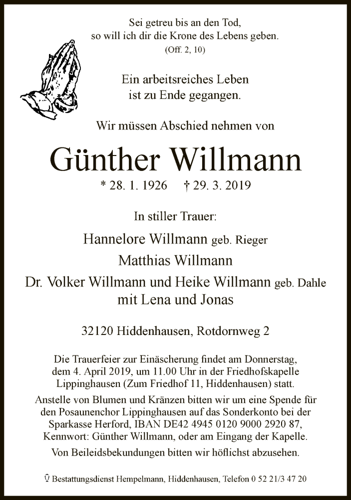  Traueranzeige für Günther Willmann vom 02.04.2019 aus Neue Westfälische