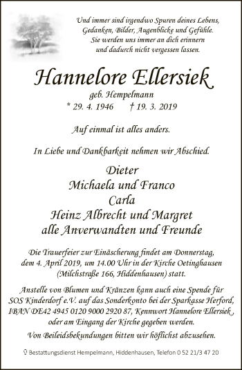 Traueranzeige von Hannelore Ellersiek von Neue Westfälische