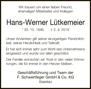 Traueranzeige von Hans-Werner Lütkemeier von Neue Westfälische