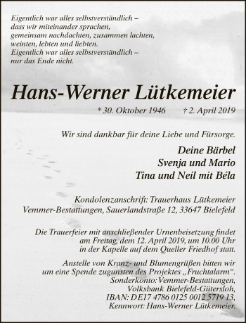Traueranzeige von Hans-Werner Lütkemeier von Neue Westfälische