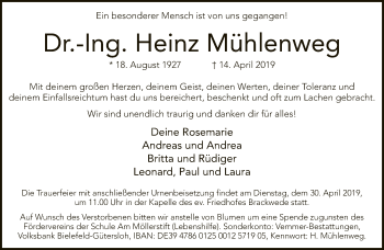 Traueranzeige von Heinz Mühlenweg von Neue Westfälische