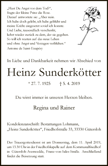 Traueranzeige von Heinz Sunderkötter von Neue Westfälische