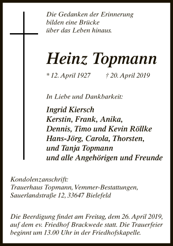 Traueranzeige von Heinz Topmann von Neue Westfälische