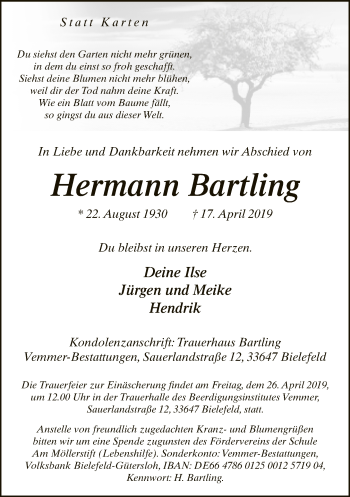 Traueranzeige von Hermann Bartling von Neue Westfälische