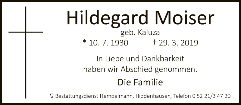  Traueranzeige für Hildegard Moiser vom 13.04.2019 aus Neue Westfälische