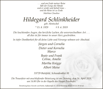 Traueranzeige von Hildegard Schlinkheider