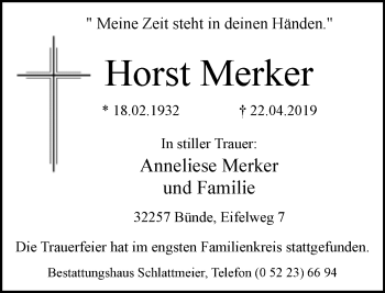 Traueranzeige von Horst Merker von Neue Westfälische