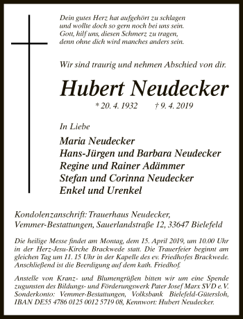 Traueranzeige von Hubert Neudecker von Neue Westfälische