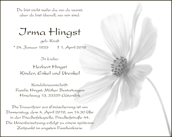 Traueranzeige von Irma Hingst von Neue Westfälische