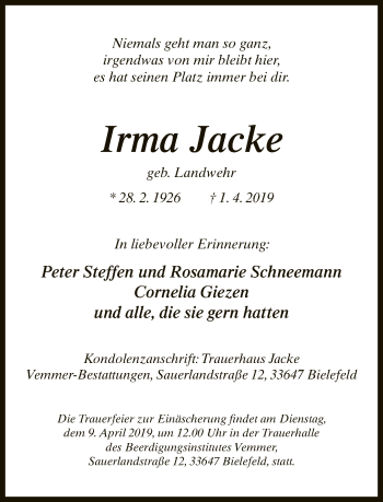 Traueranzeige von Irma Jacke von Neue Westfälische