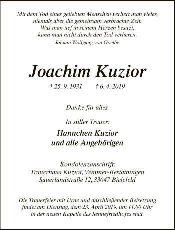 Traueranzeige von Joachim Kuzior von Neue Westfälische