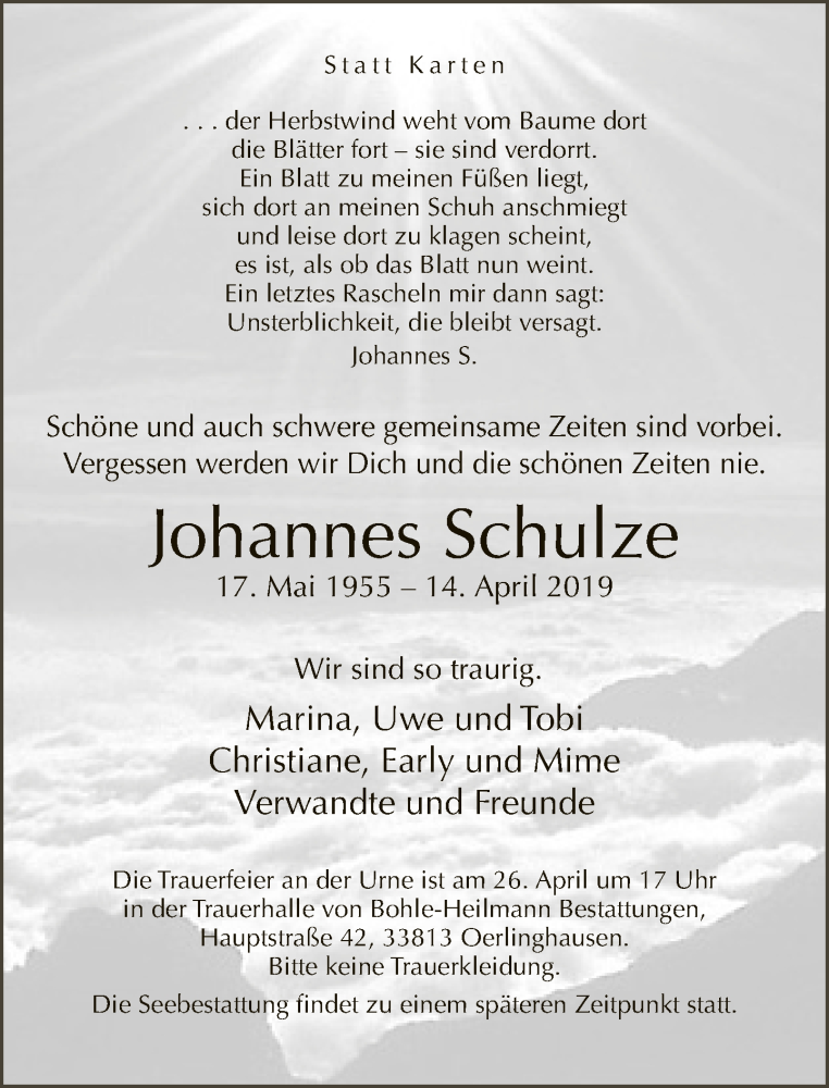  Traueranzeige für Johannes Schulze vom 19.04.2019 aus Neue Westfälische