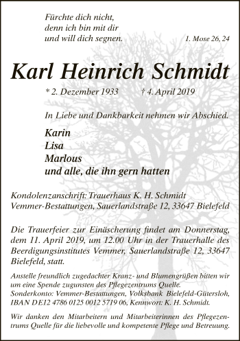 Traueranzeige von Karl Heinrich Schmidt von Neue Westfälische
