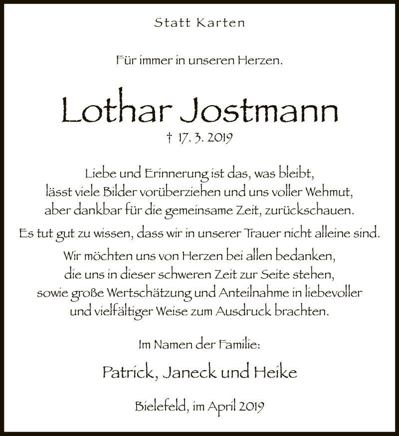  Traueranzeige für Lothar Jostmann vom 19.04.2019 aus Neue Westfälische