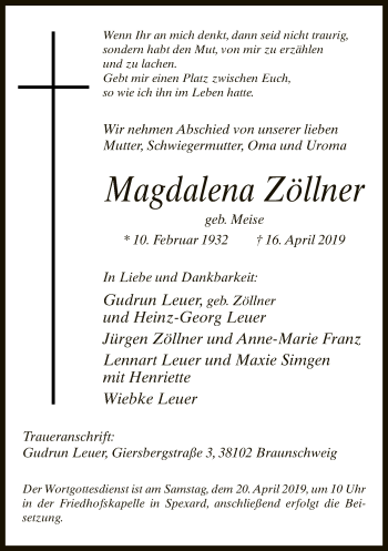 Traueranzeige von Magdalena Zöllner von Neue Westfälische