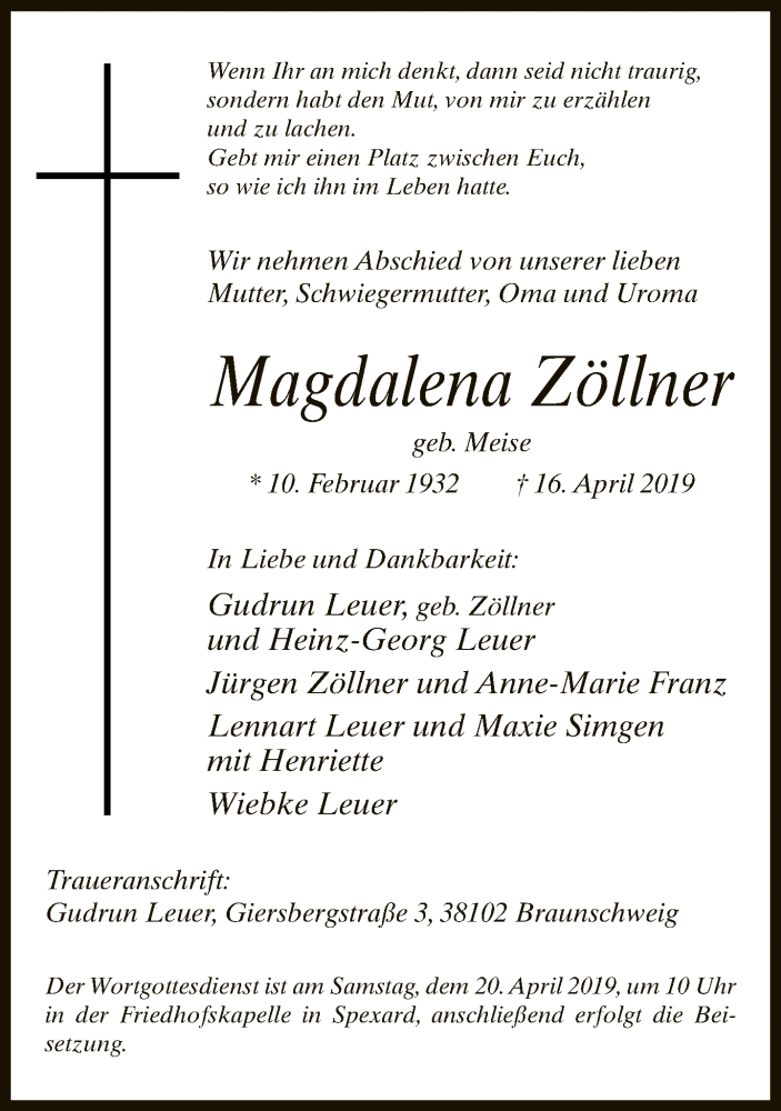  Traueranzeige für Magdalena Zöllner vom 18.04.2019 aus Neue Westfälische
