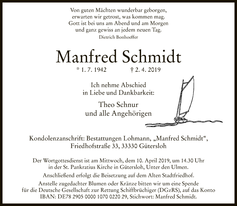  Traueranzeige für Manfred Schmidt vom 05.04.2019 aus Neue Westfälische