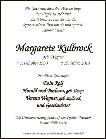 Traueranzeige von Margarete Kurbrock von Neue Westfälische