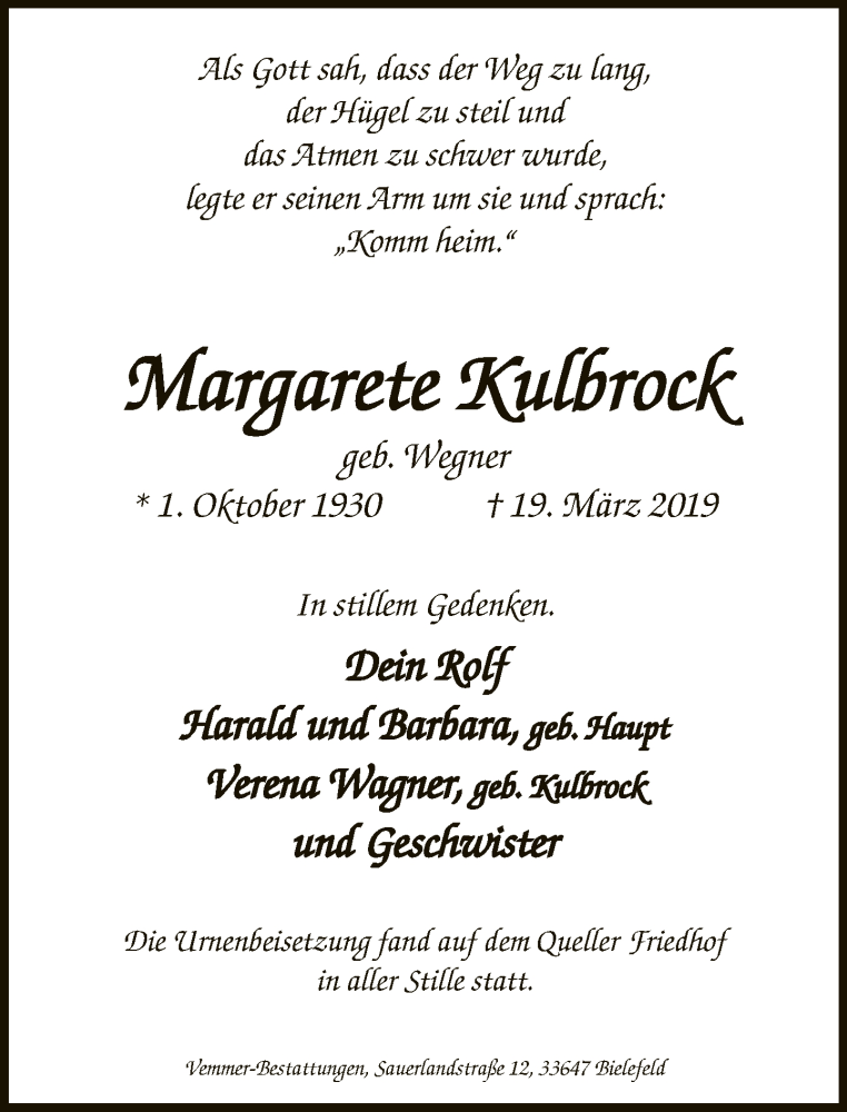  Traueranzeige für Margarete Kurbrock vom 27.04.2019 aus Neue Westfälische