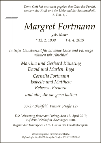 Traueranzeige von Margret Fortmann