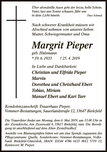Traueranzeige von Margrit Pieper von Neue Westfälische