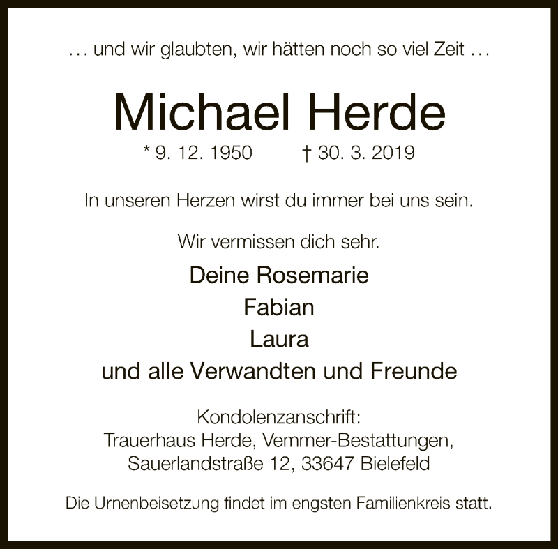  Traueranzeige für Michael Herde vom 06.04.2019 aus Neue Westfälische