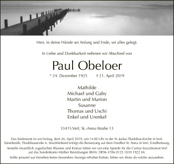Traueranzeige von Paul Obeloer von Neue Westfälische