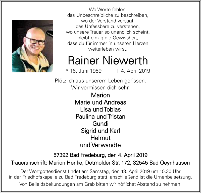  Traueranzeige für Rainer Niewerth vom 08.04.2019 aus Neue Westfälische